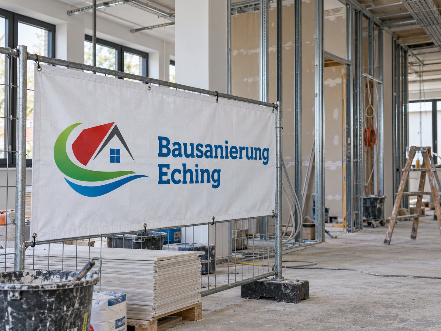 Baustellenbanner von Bausanierung Eching vor neuen Trockenbauwänden