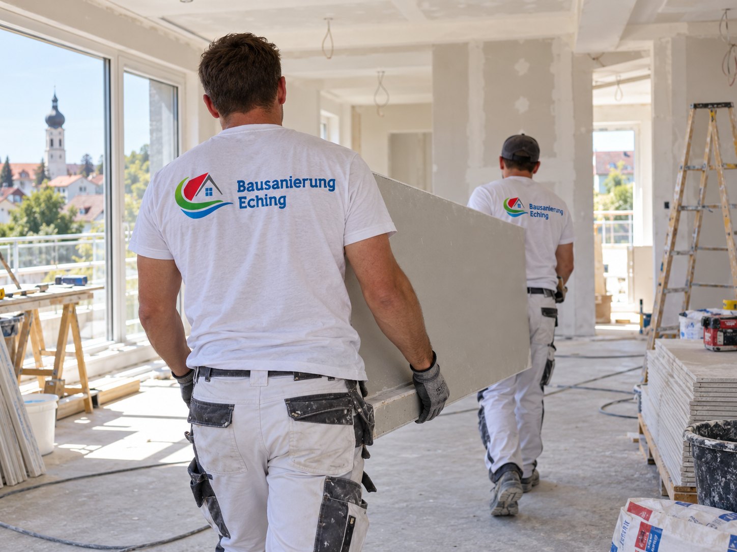 Team von Bausanierung Eching trägt Gipskartonplatten auf einer Trockenbau-Baustelle